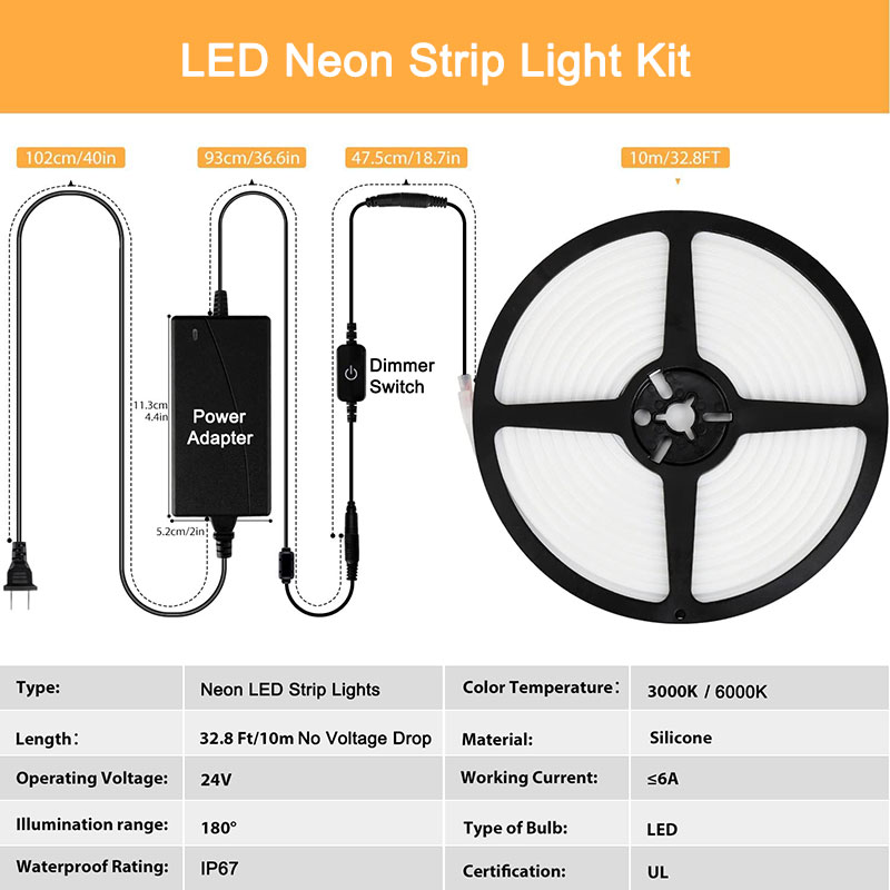 DC24V 06*12mm Dimmable LED Neon Light Strip DIY Neon Sign Kit, 32.8ft/10m No Voltage Drop DC24V 06*12mm Dimmable LED Neon Light Strip DIY Neon Sign Kit, 32.8ft/10m No Voltage Drop